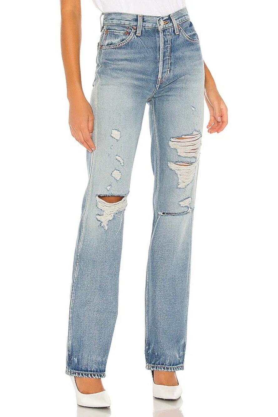 RE/DONE 90’s High Rise Loose Jeans – Medium Wash Distressed – Size 24